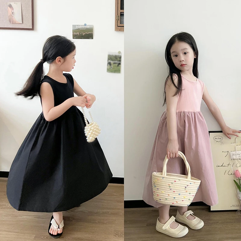 Summer Korean Girls Casual Dresses Solid Color Cotton Girls Skirt O-neck Sleeveless Fluffy Dress For Girl Kids Clothes 3-8Y