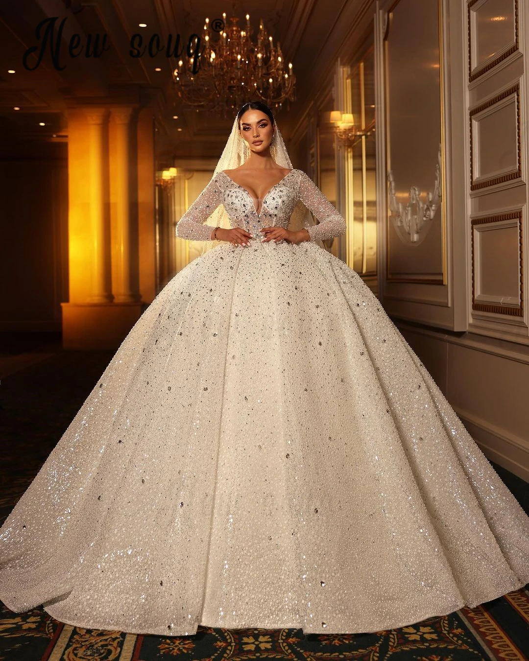 Luxury Wedding Dress 2024 With Deep V Neck Long Sleeve Ball Gown In Church Sparkly Crystals Bridal Gowns Custom Dubai Women