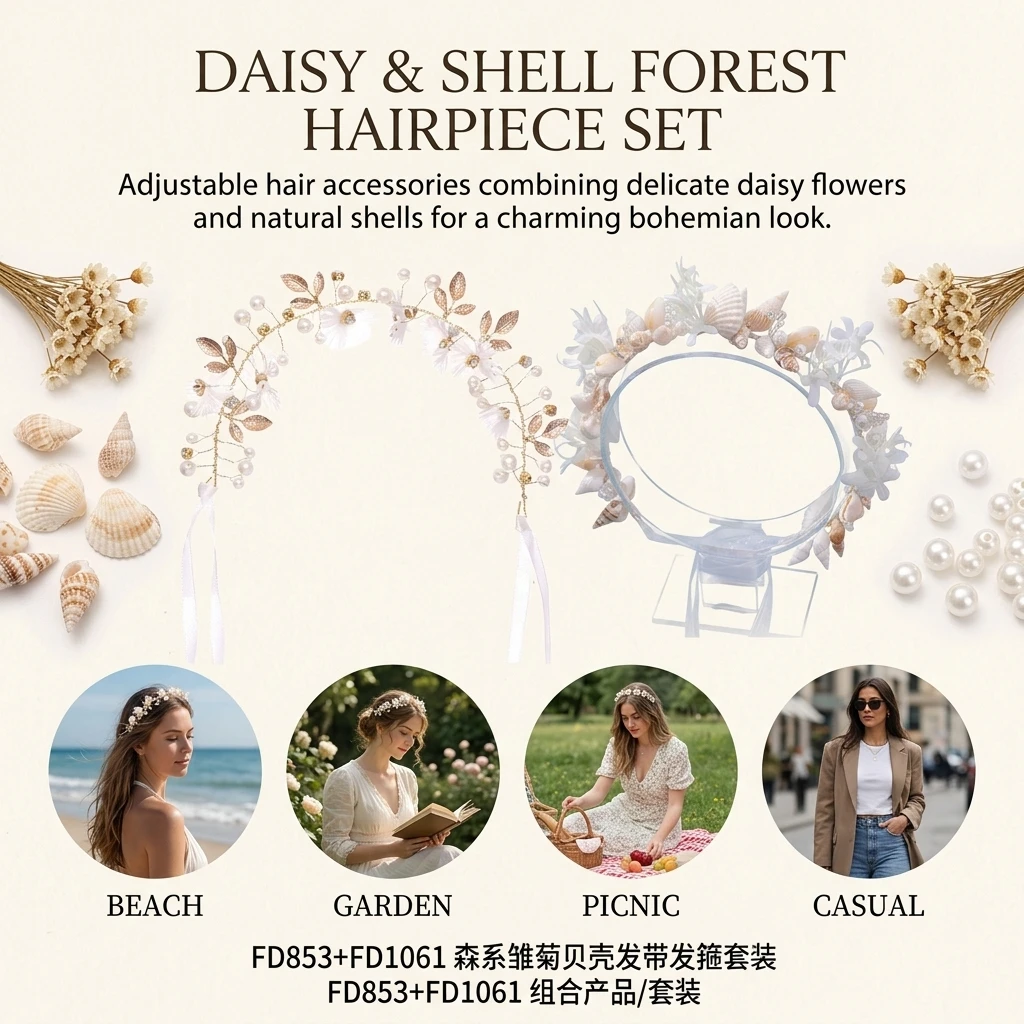 Elegant Headband Set Daisy Shell Floral Hair Accessories for Beach Vacation Spring Picnic Mori Style Women's Hairbands view 6