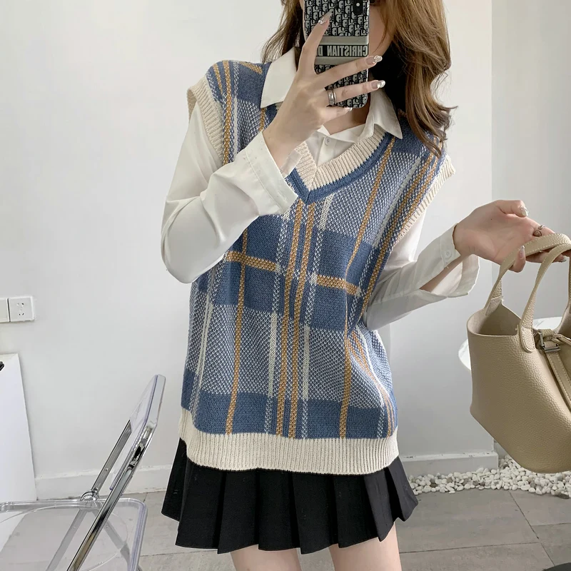 

Retro Plaid V-neck Knit Vest Women Loose Casual Sleeveless Sweater Jumper Pullover