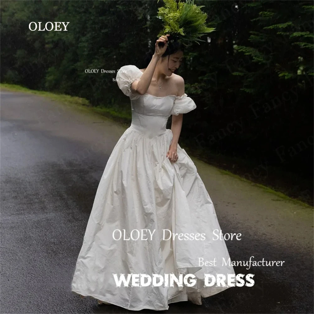 

OLOEY Simple Korea Ivory Wedding Dress Taffeta Photo Shoot Short Sleeves A Line Bridal Gown Corset Back Free Custom Made