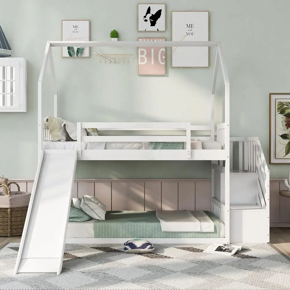 

Twin Bunk Bed with Slide, Staircase, Safety Rails, and Storage, White