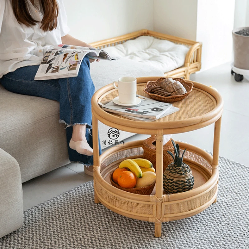 Hand Woven Rattan Tea Table Living Room Double Deck Storage Table Creative Coffee Tables Modern Simplicity Home Furniture Desks