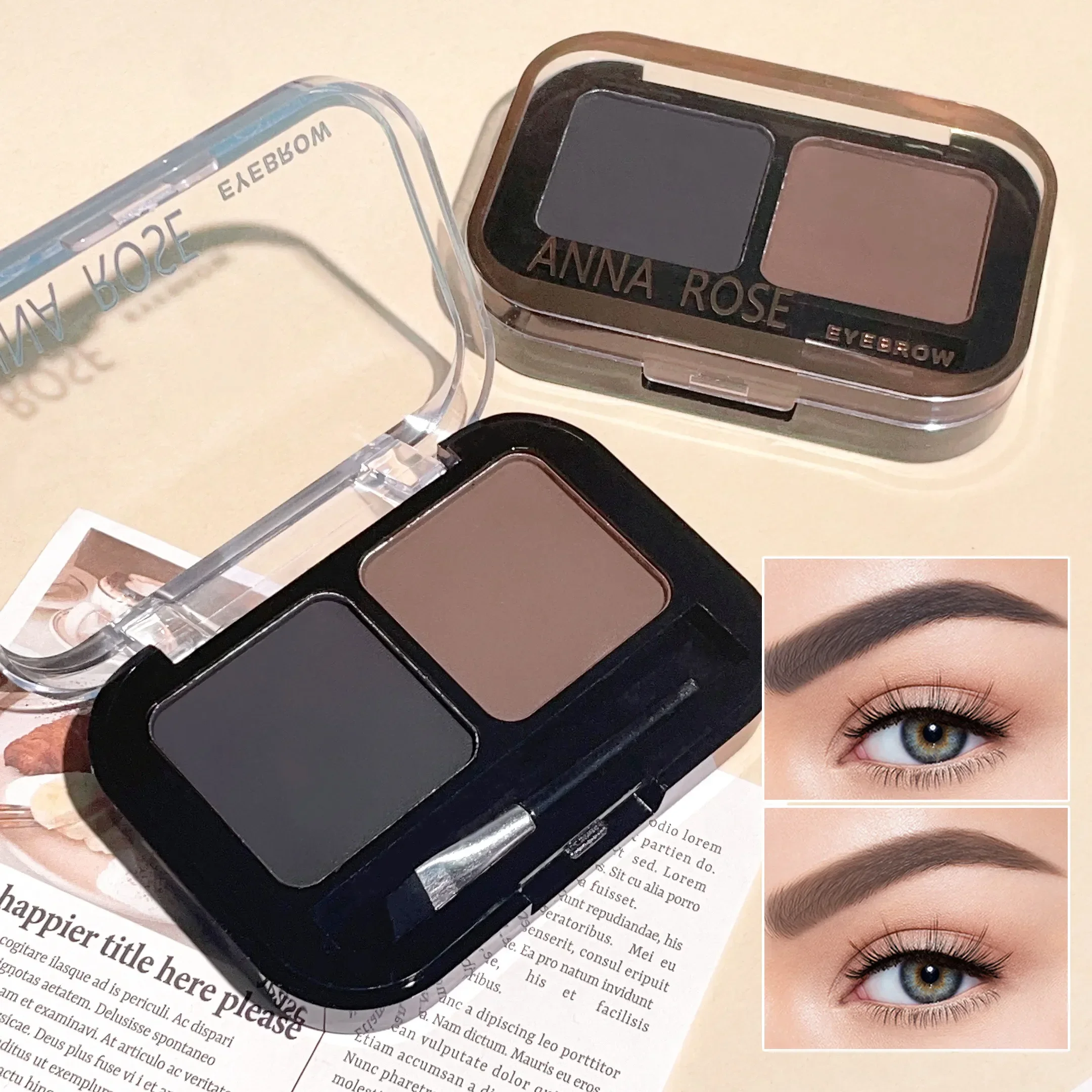 Paleta de pó para sobrancelha, 2 cores, maquiagem, preto, marrom, intensificador de sobrancelha, profissional, à prova d'água, cosméticos, paleta de sombra com pincel