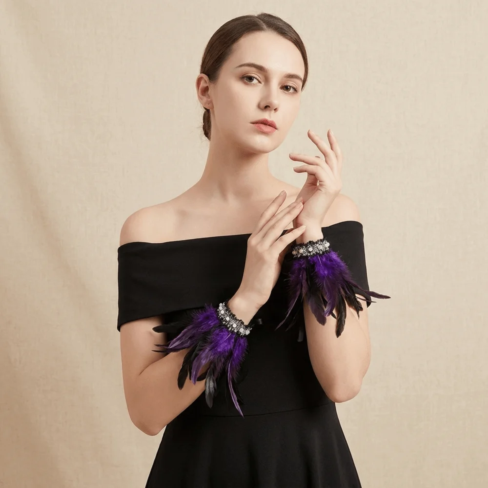 Elegant Lace Feather Wrist Cuffs Adjustable Lightweight Plume Bracelet Pearl Fluffy Wristband Themed Party