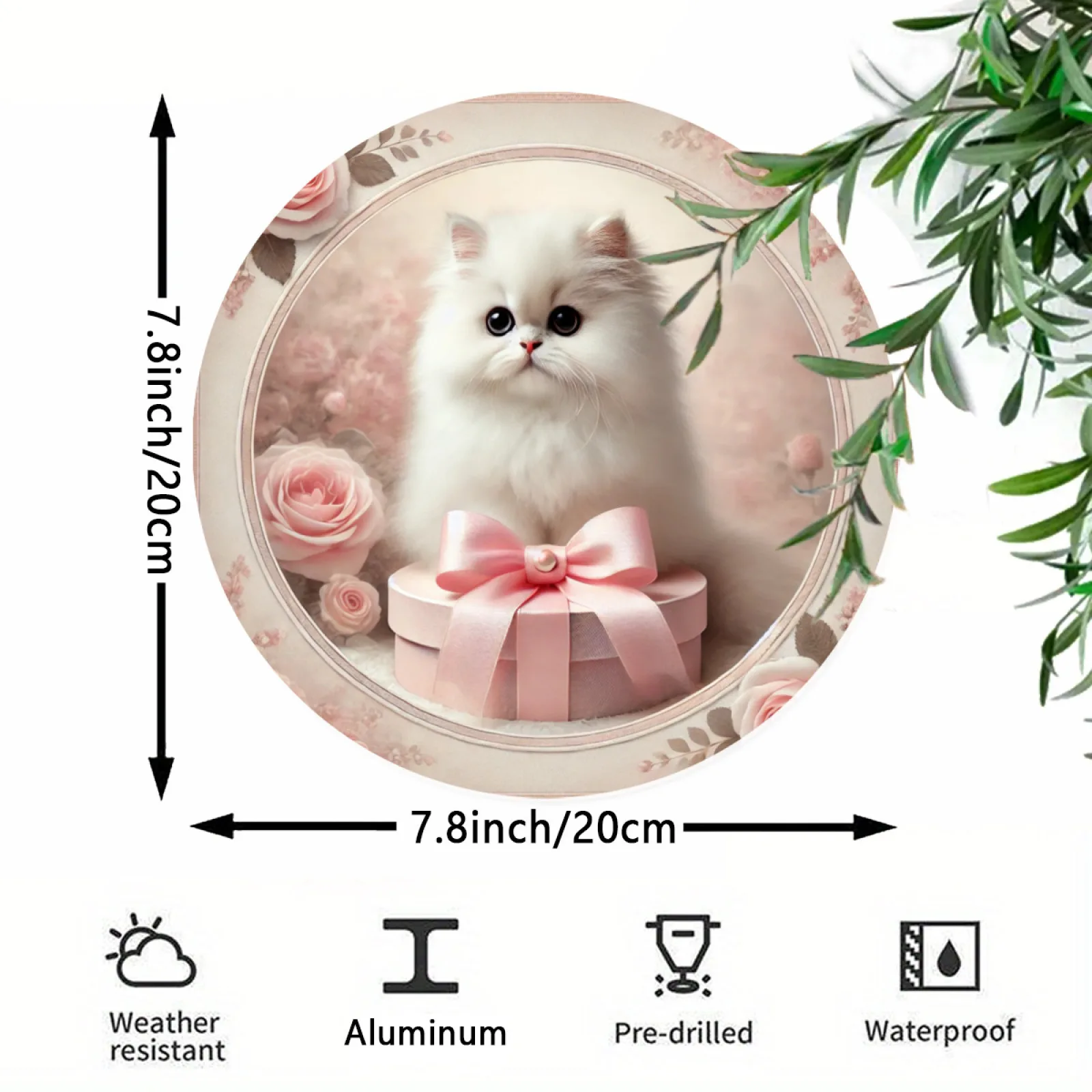 Room Decor 1pc White Persian Cat with Pink Box & Flowers Round Aluminum Wall Art, 7.8x7.8in, Durable Metal Sign for Home, Office