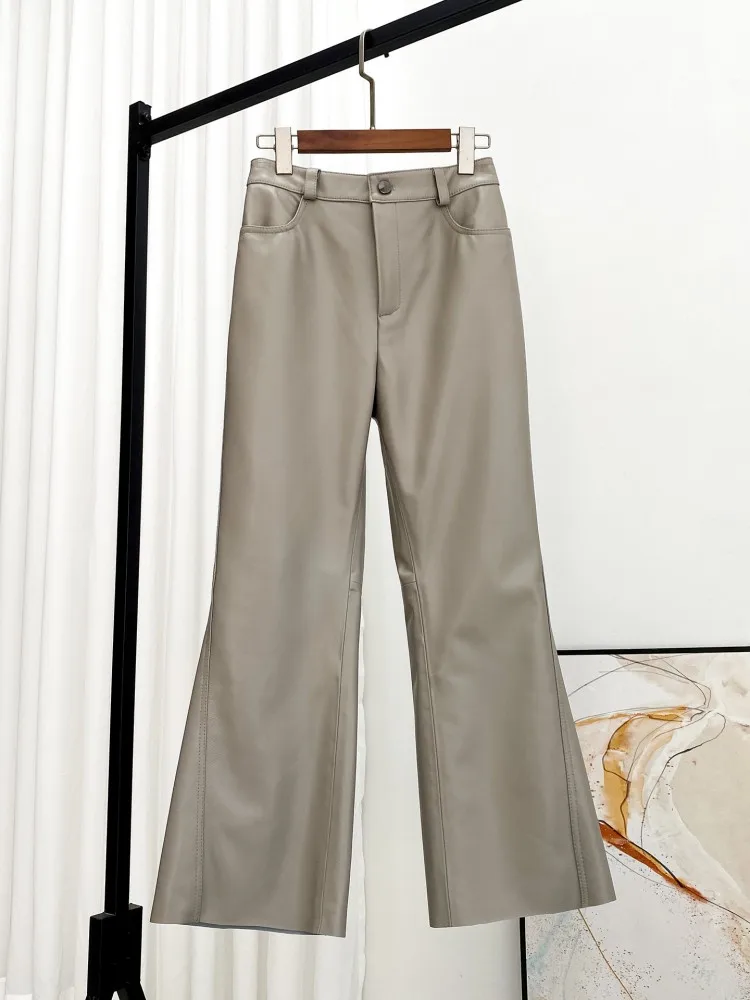 Office Lady Sheepskin High Waist Slim Fit Genuine Leather Pants Solid Color Flared Pants Fashion Versatile Women Casual Trousers