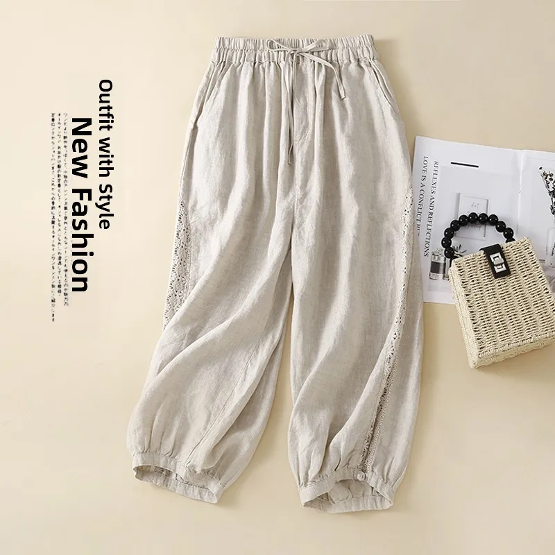 

Lace Trimmed Linen Harajuku Pants Women's Summer Cuffed Cotton Linen Harem Pants Thin High Waist Seven-Foot Length Casual Pants