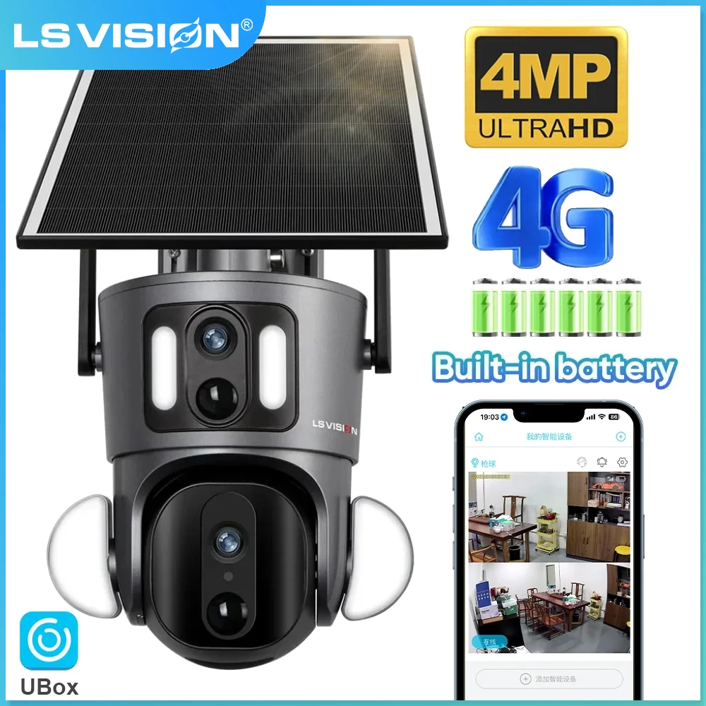 LS VISION External 360° PTZ Camera 4MP 4G Outdoor WiFi Solar Camera Dual Screen Dual PIR Detection Auto Tracking CCTV IP Camera