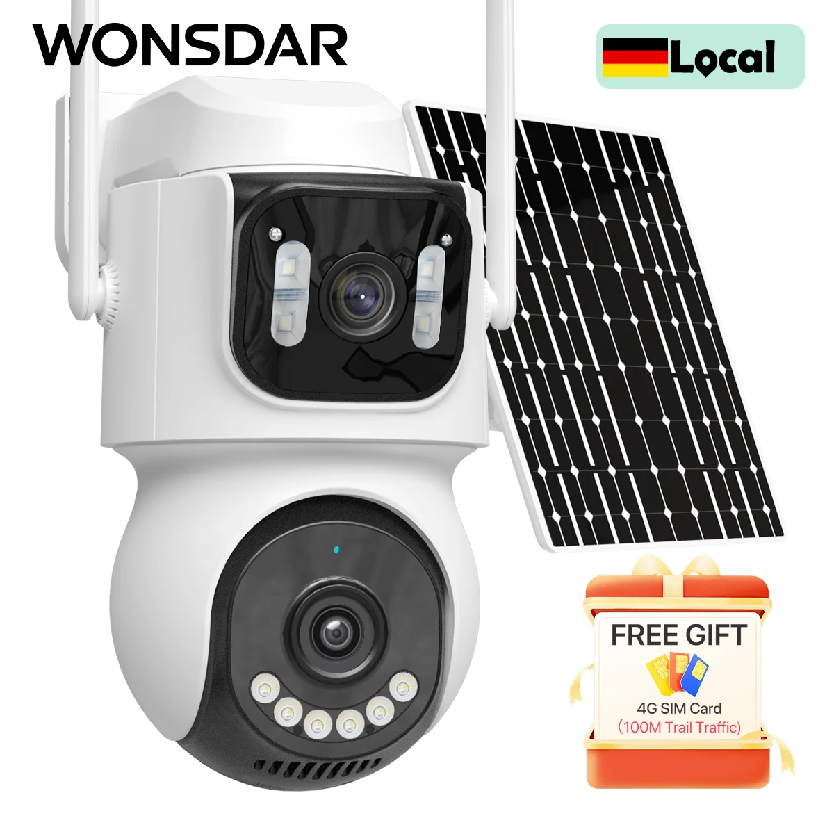 WONSDAR Outdoor-Kamera mit eingebautem Akku, Dual-Objektiv, Solar-4G-Sicherheitskamera, Solarpanel, kabellose Kamera, 24-Stunden-Aufnahme, Alarm, ICsee