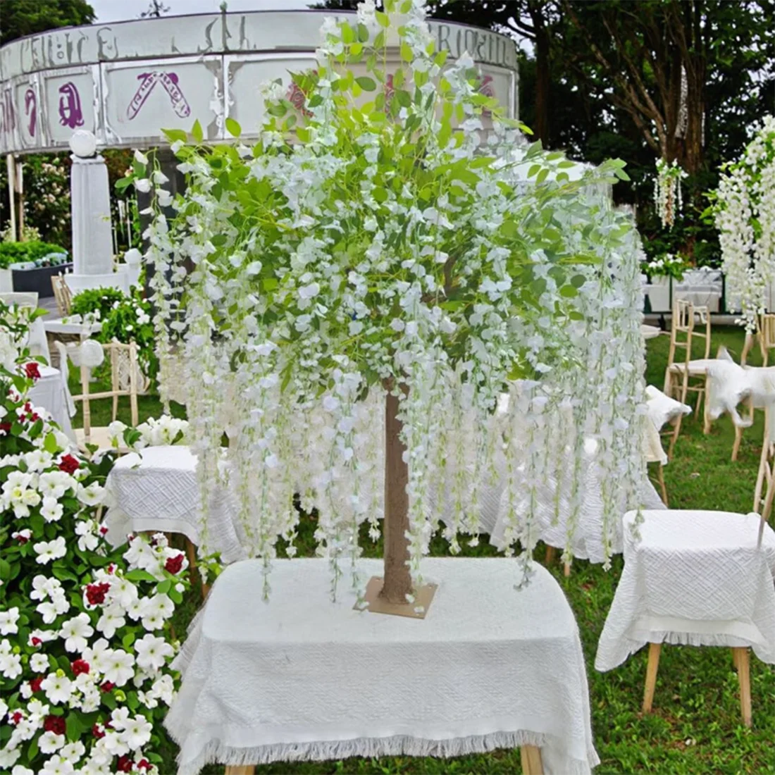 

Искусственное дерево глицинии, свадебное событие, вечеринка, фестиваль, украшение для стола, центральные украшения, белые цветы и зеленые листья