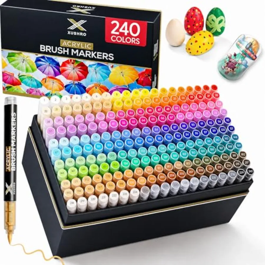 

Acrylic Markers Set - 240 Brush Tip with Waterproof and No-Bleed Lightfast Ink - Acrylic Paint Markers for Rock Painting, Canva