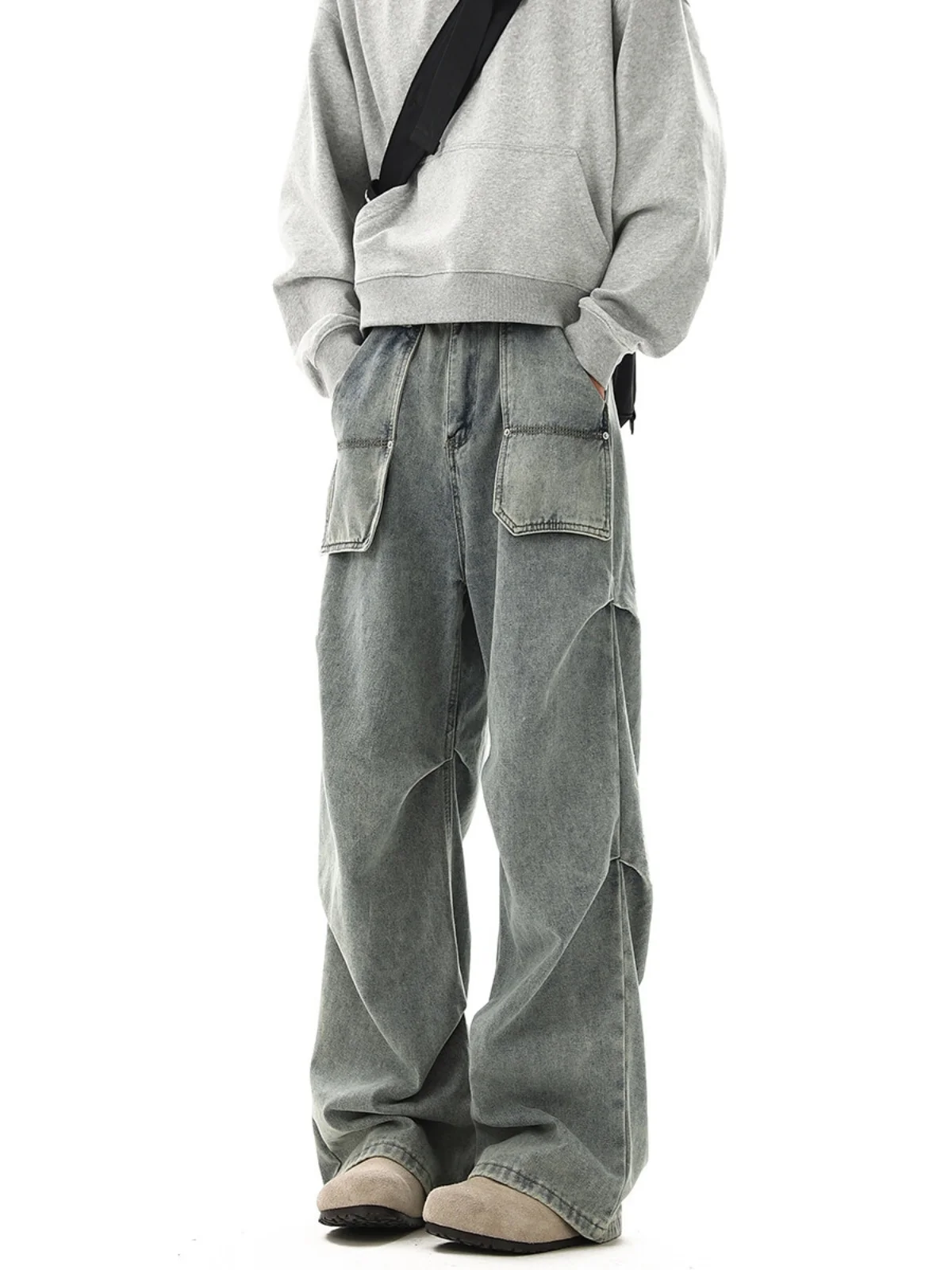 

Retro Blue Waed Straight Leg Men's Jeans CleanFit American Design Paratrooper Pants Micro Flared Long Trousers