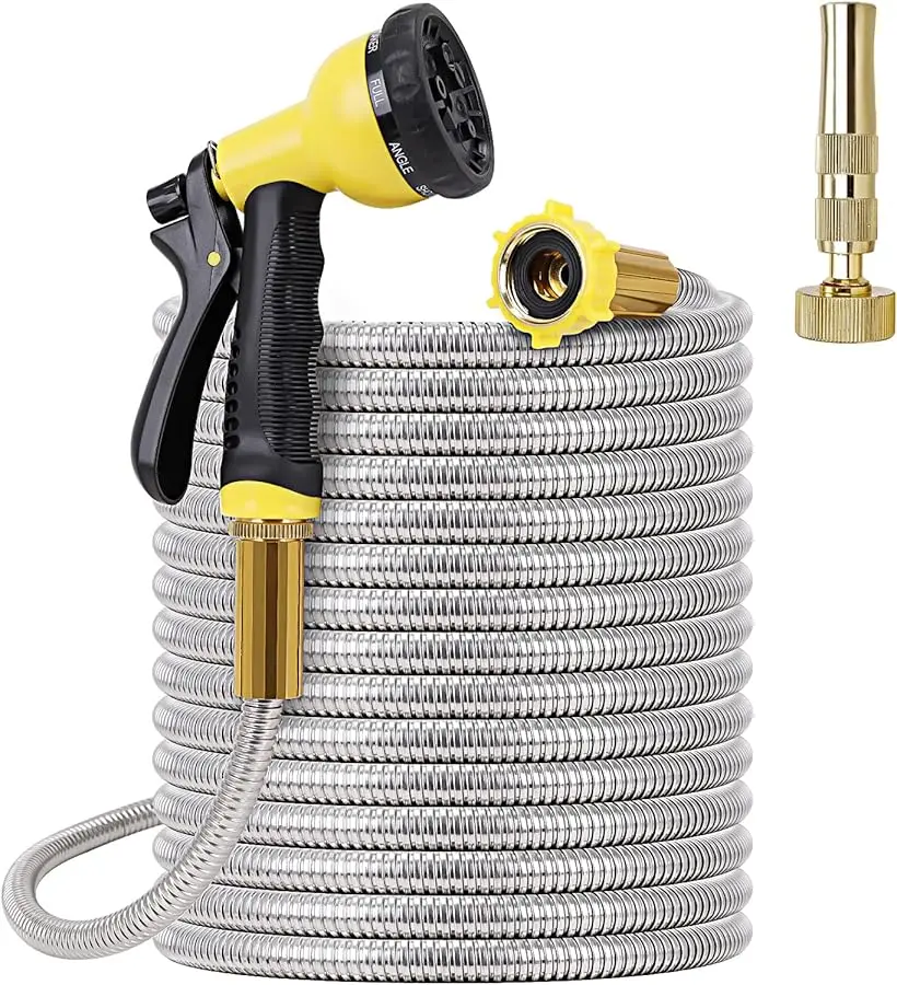 

Metal Garden Hose 50FT - Stainless Steel Heavy Duty Water Hose with Metal Nozzle & 8 Function Sprayer, Portable & Lightweight Ki