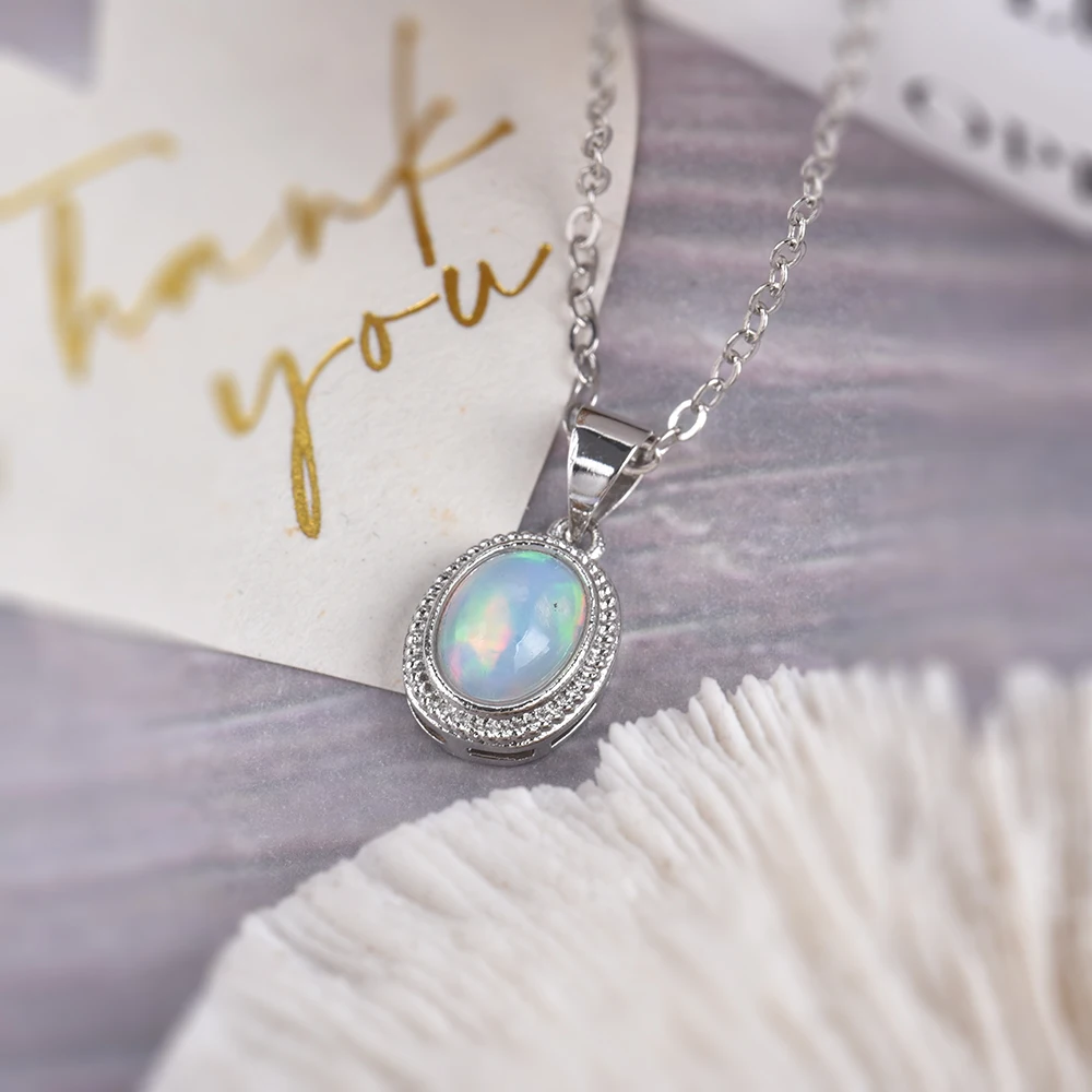 ITSMOS Natural Opal Crystal Pendant Necklace October Birthstone Gemstone Simple Necklaces Fire Light Oval Opal Jewelry for Women