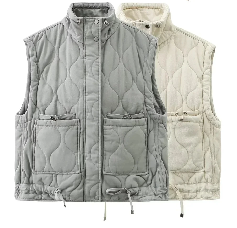 

Women's JacketNew Women's Versatile Sleeveless Stand Up Collar Pocket Decoration Vest Cotton Vest Loose Shoulder