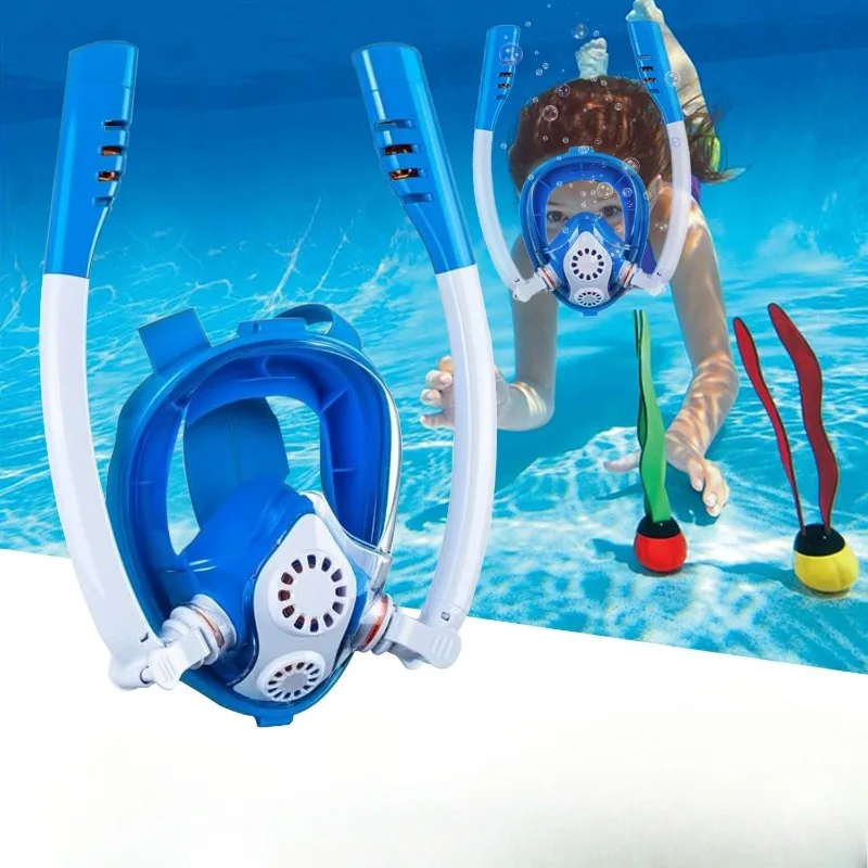 

Professional Kids Snorkeling Mask Double Tube Silicone Mount Foldable 180 Degree Full Dry Leak Proof Swim Diving