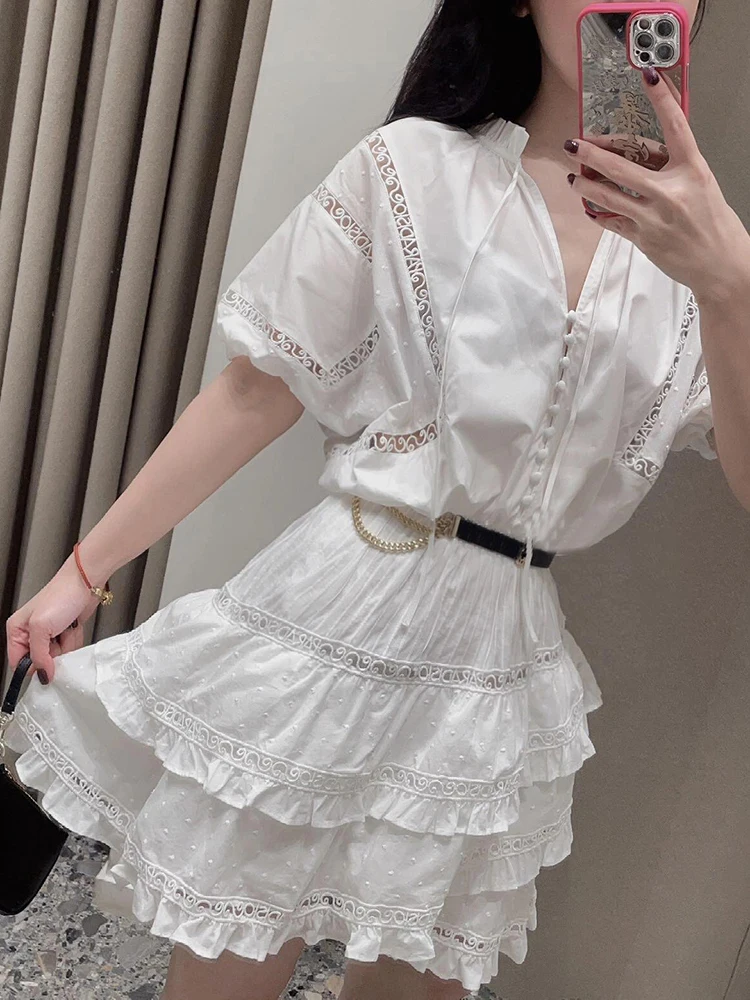 Vestido F MIGII de Cintura Alta com Recortes e Cinto, Estilo Francês, Vestido  Tricotado em A, Manga Curta, Decote...