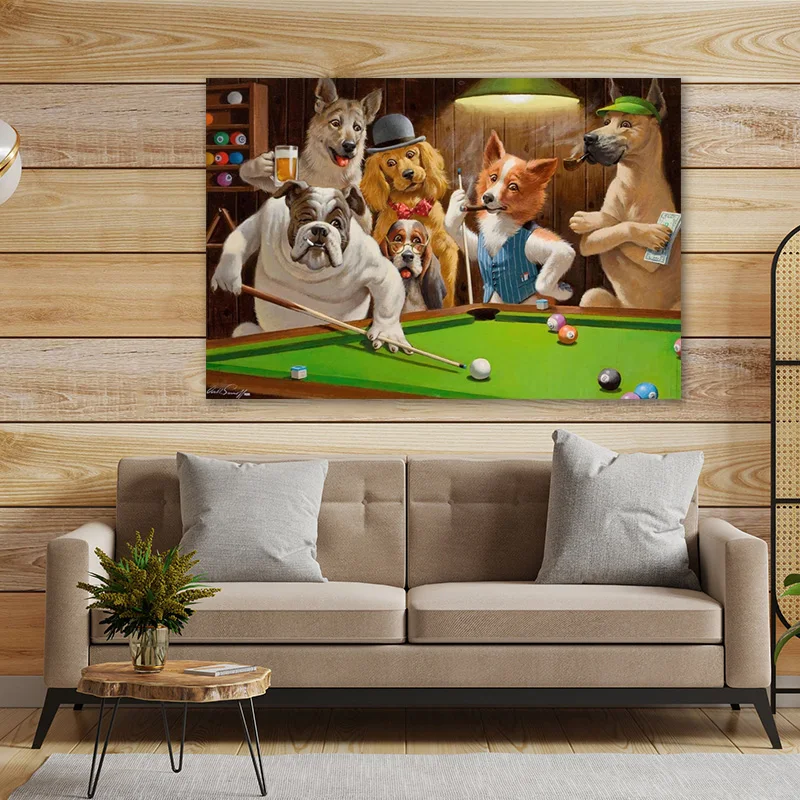 Abstract Funny Animal Dog Playing Poker Billiard Retro Canvas Painting Wall Art Pictures Posters Prints Living Room Home Decor