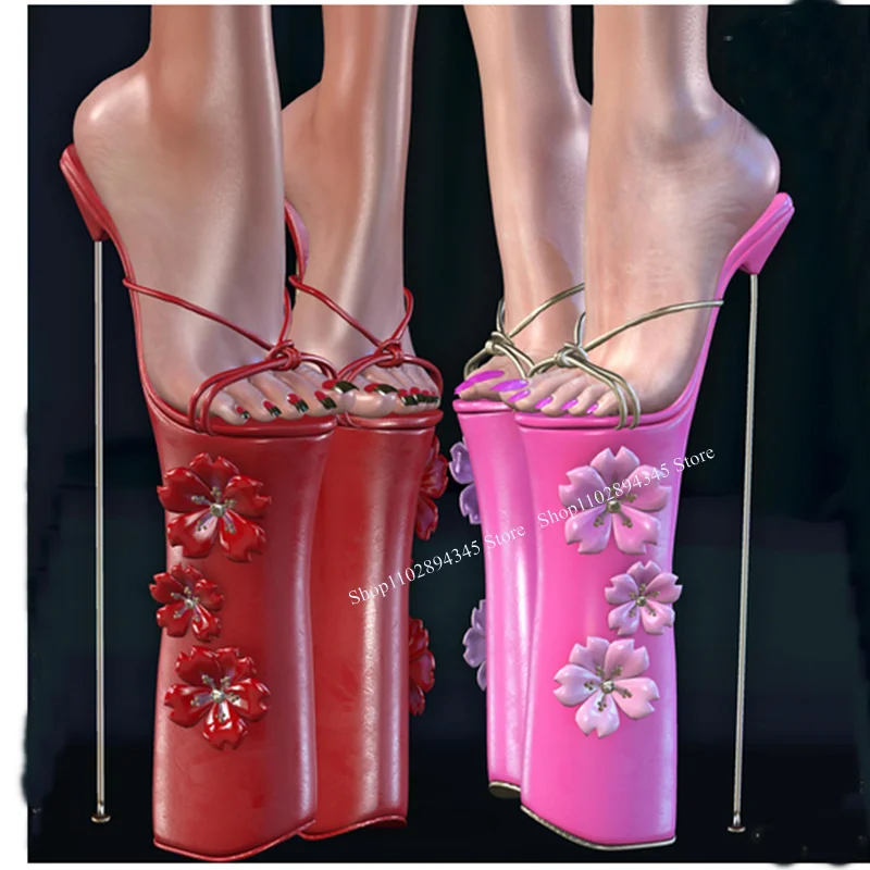 

Red Slip On Flower Plus Platform Sandals Thin High Heel Peep Toe Fashion Sexy Novel Western Summer Woman Shoes Zapatillas Mujer