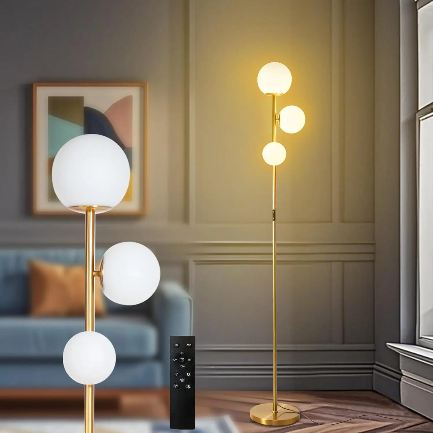 

Vintage Modern Dimmable LED Brass Floor Lamp with Remote, Touch Control for Living Room Bedroom Corner