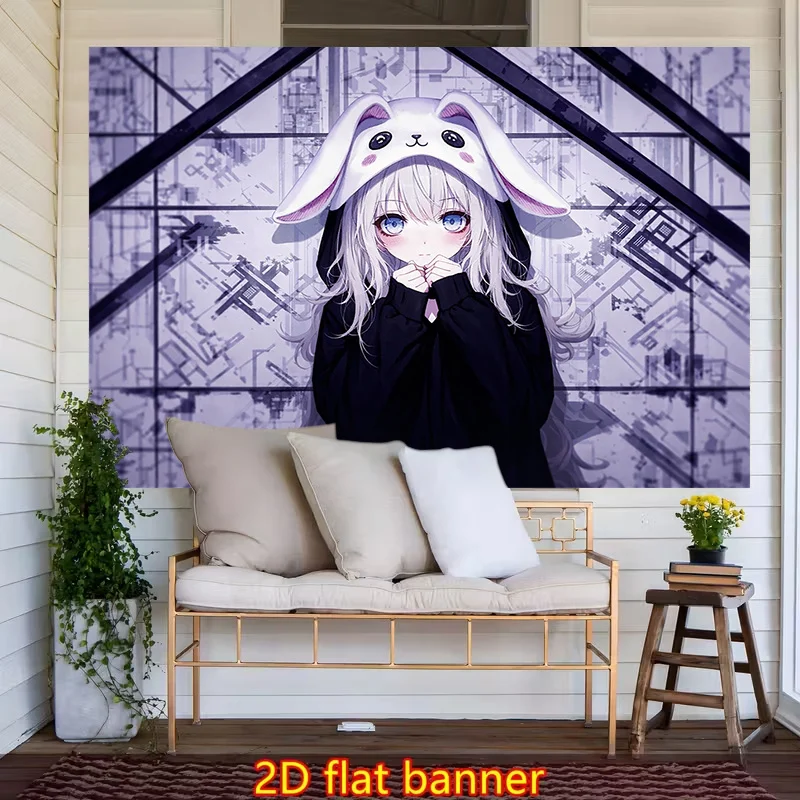 1pc Stylish 2D Flat Printed Wall Tapestry, Anime Girl With Bunny Ears Urban Background Polyester Wall Hanging for Living Room Be