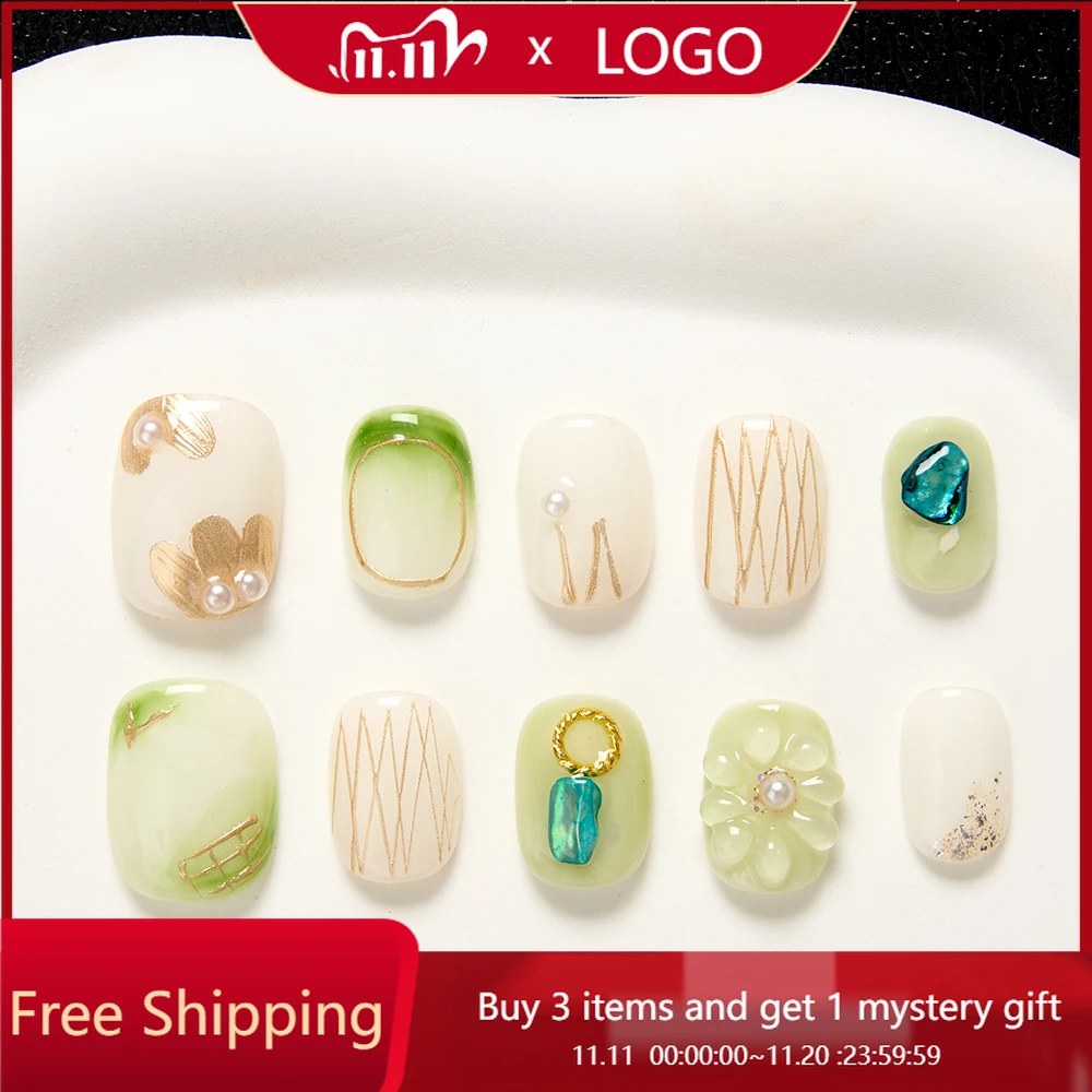 

10pcs Handmade Press on Nails Short oval Green&Gold Smudged Flower Full Coverage Nail for Women&Girl Removable Wearable Nail