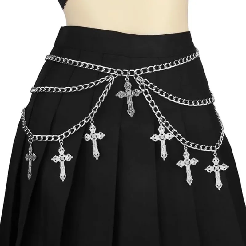 Layered Waist Chain for Women Bohemian Cross Belt Adjustable Cross Chunky Belly Chain Punk Gothic Body Chain Jewelry for Women