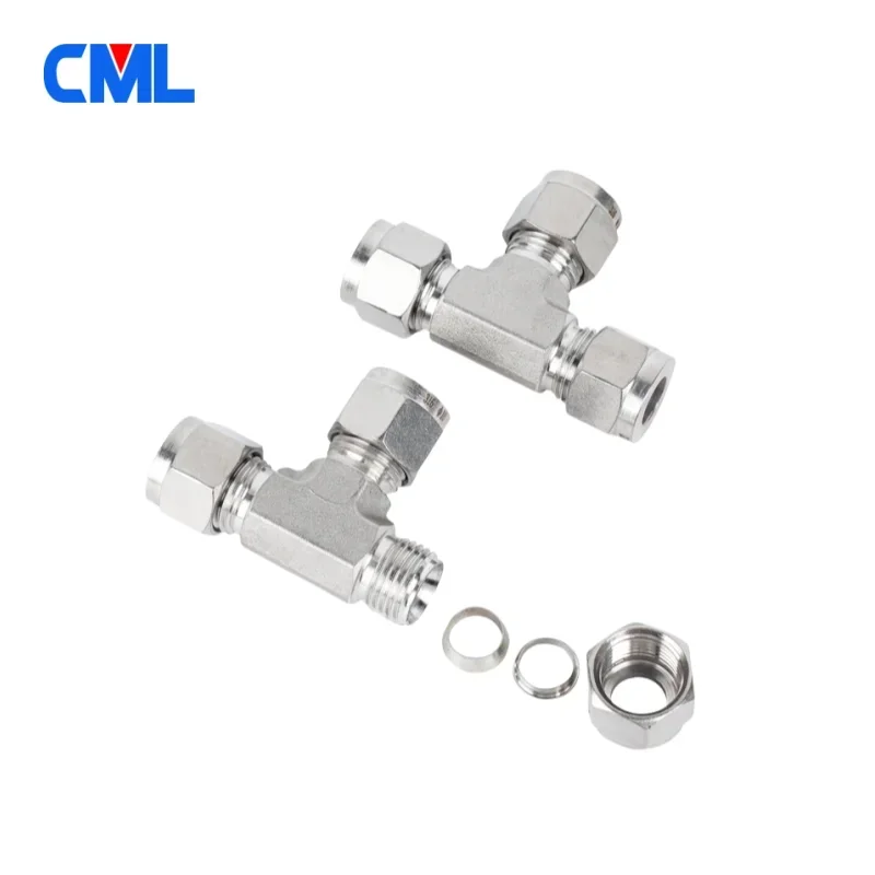 T forgiato in acciaio inossidabile 304 316L 1/8 "1/4" 3/8 "1/2" 3/4 "6mm 8mm 10mm 12mm 14mm 16mm Connettori per tubi a T a doppia ghiera a 3 vie