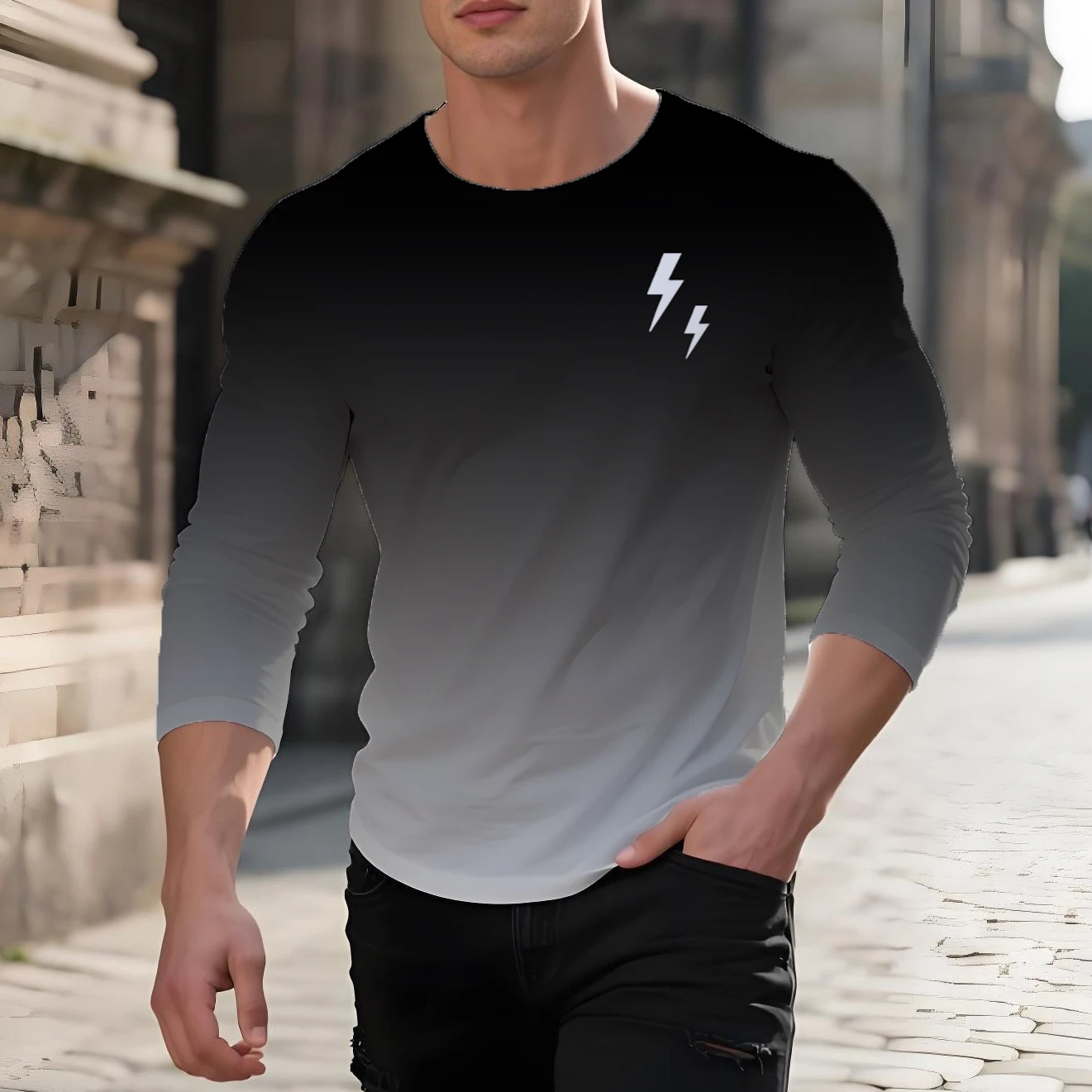 Men's gradient lightning pattern long-sleeved round neck T-shirt, spring and autumn men's thin bottoming shirt, tops for men