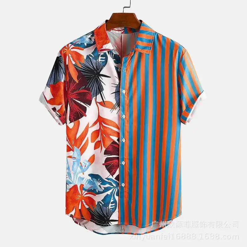 Young Men Spring and Summer Explosive Hawaiian Fashion Printed Short-sleeved Shirt Street-striped Beach Shirt for Men and Women