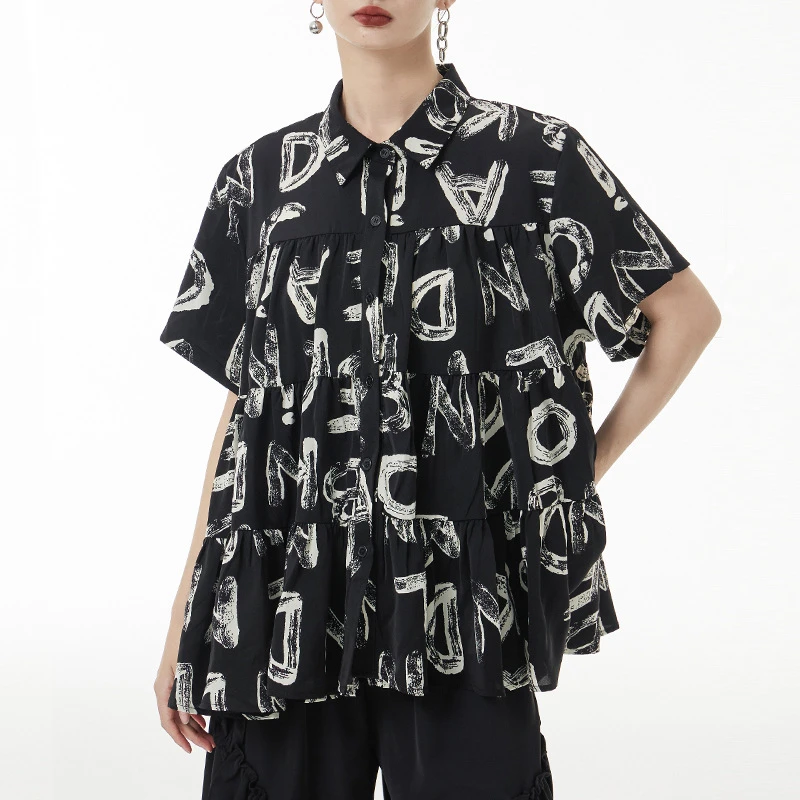 

New Japanese Alphabet Black Print Pleated Blouse New Lapel Short Sleeve Loose Fit Shirt Fashion Tide Spring Summer 2023 Women