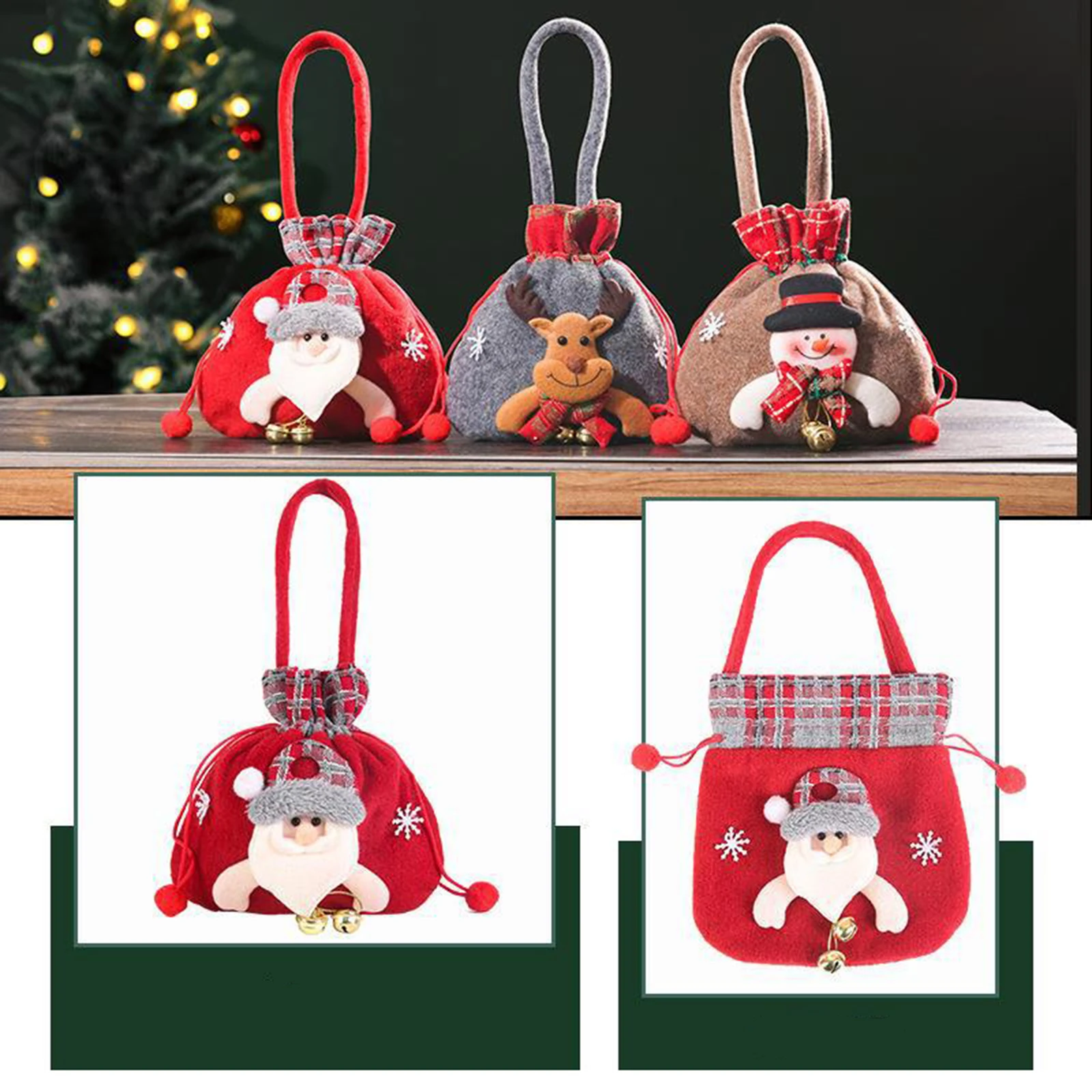 Xmas Gift Bags For Kids Holiday Wrapping Portable Large Capacity Reusable Snowman Deer Santa Pattern DIY With Drawstring