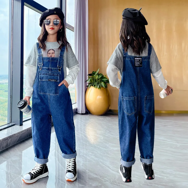 New Girl Jumpsuit Fashion Solid Color Jeans Overalls for Kids Teenage Cotton Suspenders Clothes Loose Children Denim Romper