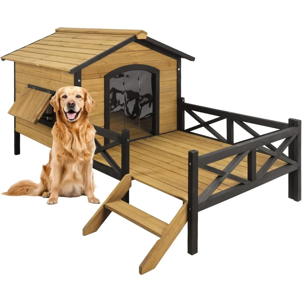 

Large Outdoor Dog House, 67" L × 43.3''W × 32.7''H Extreme Outback Log Cabin Dog Kennel with Elevated Floor and Porch, Weatherpr
