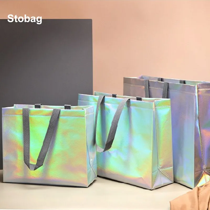 StoBag 10pcs Laser Non-woven Shopping Tote Shoulder Bag Sliver Eco Large Reusable Gift Storage Pouches Custom Logo(Extra Fee)