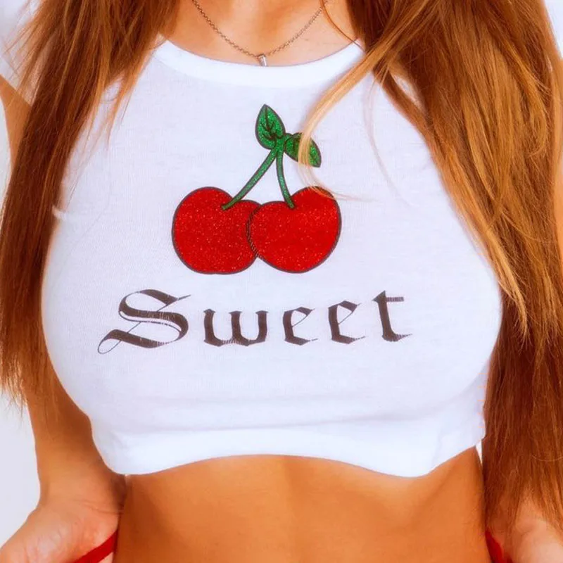 Frau Bluse 2023 Hemd Kirsche Print T Vintage Street Fashion Harajuku T-shirt Y2k Stil Frau Kleidung Ästhetische Nette Crop Top
