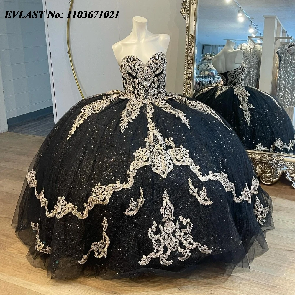 

EVLAST Black Quinnceanera Dress Ball Gown Shiny Gold Lace Applique Beading Tiered Corset Sweet 16 Vestidos De 15 Anos SQ655