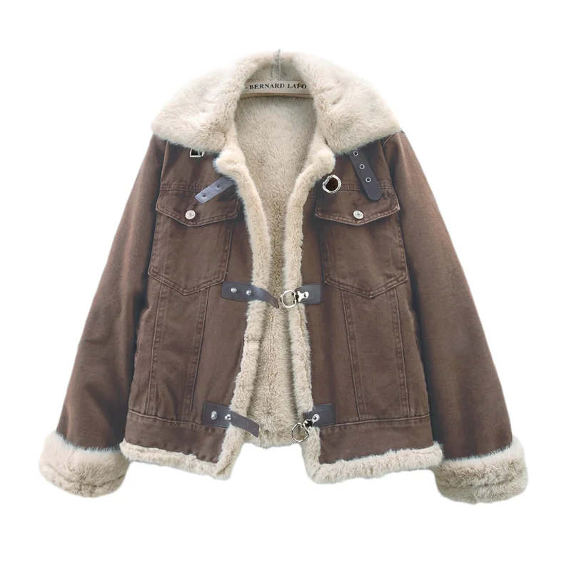 

Осень-зима женская новая толстая теплая джинсовая куртка с подкладкой из искусственного кроличьего меха пальто свободная джинсовая куртка с длинными рукавами с лацканами Chaqueta Mujer