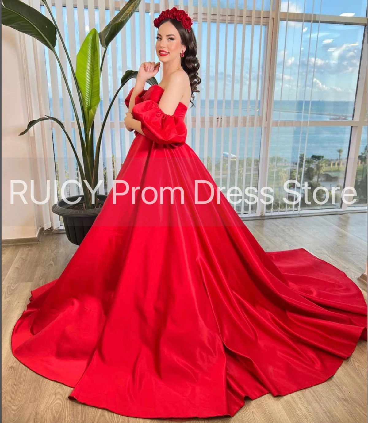 2025 vestido de noite vermelho feminino puff mangas curtas fora do ombro cetim a linha turquia elegante vestidos de festa de aniversário vestido formal