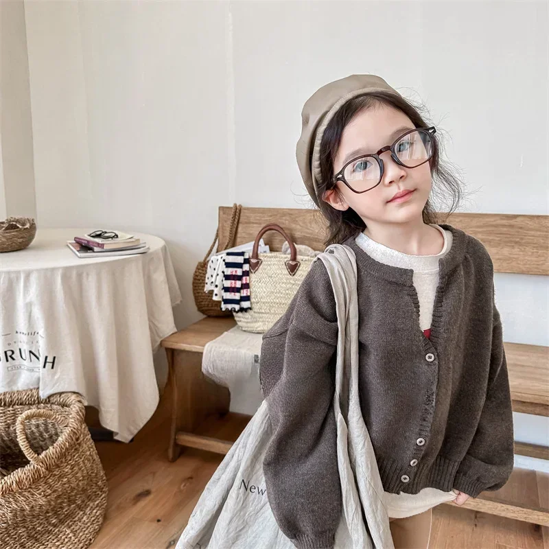 

Шерстяной свитер для мальчиков и девочек, вязаный свитер, детская одежда, осенний корейский вариант, однотонный свитер, кардиган, топ