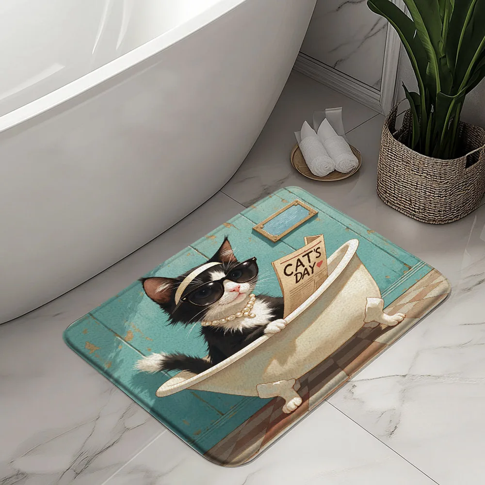 VIKAMA Cartoon Black Cat Reading Newspaper Bathing Carpet Funny Bath Mat Doormat Welcome Mat Bathroom Mat Rug For Bedroom Carpet