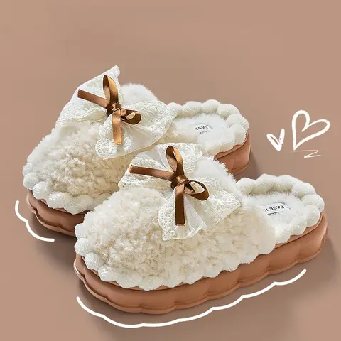 2026 New Women's Plush Slippers - Bow Detail Winter House Shoes, Ultra-Soft Non-Slip Indoor Slippers for Home&Maternity Comfort