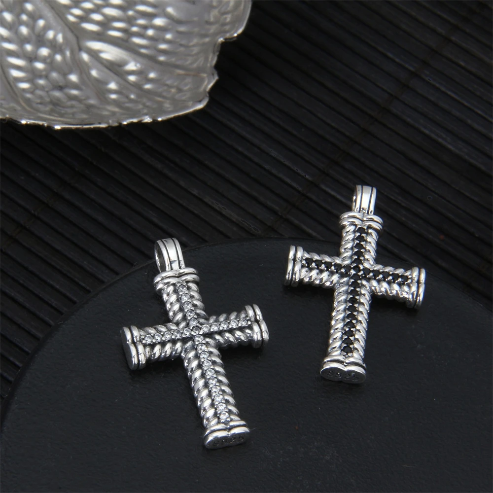 

S925 Sterling Silver Diamond-Inlaid Cross Pendant Trendy Punk Vintage Heavy-Duty Unisex Accessory