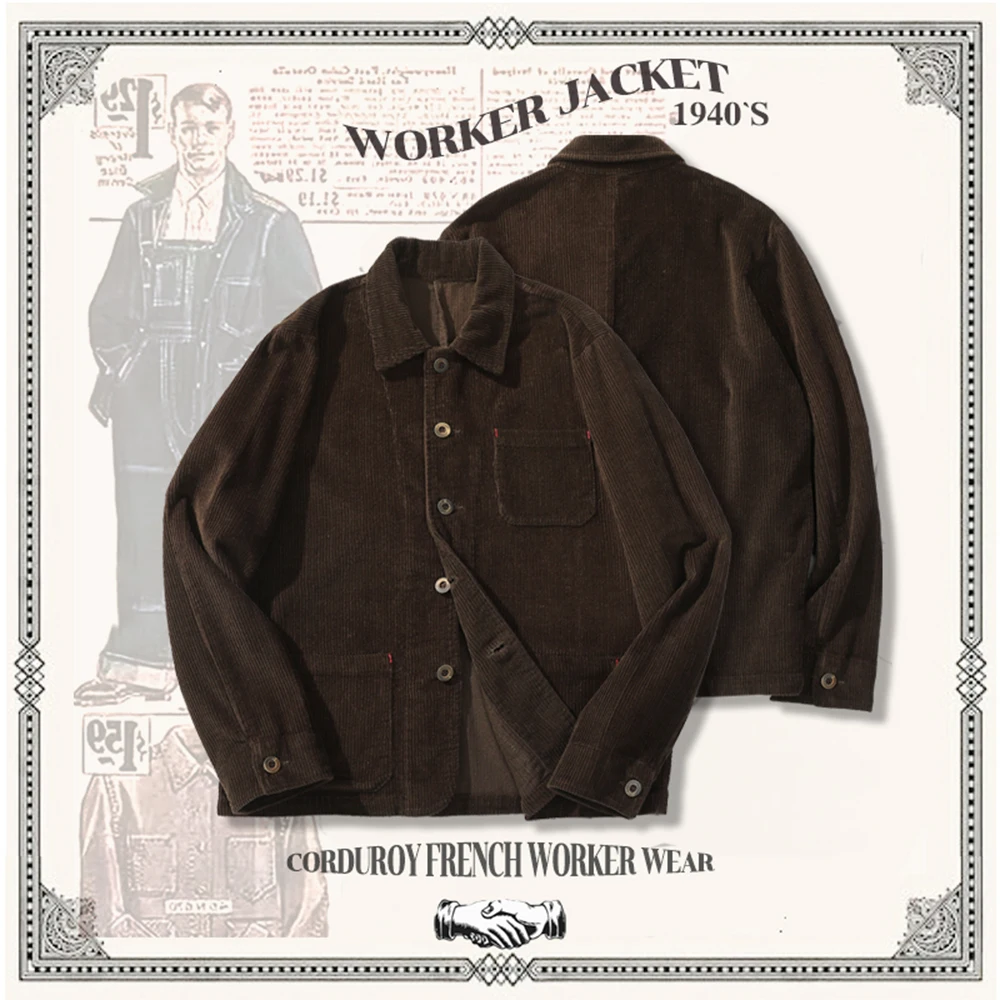 Französisch Retro Werkzeug Jacke Männer Schwere Cord Vintage Revers Multi Taschen Workwear Jacke Winter Feste Beiläufige Strickjacke Mantel Top – Detail 1