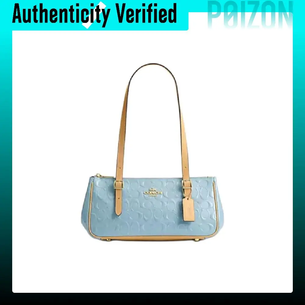 COACH Pearl Signature Patent Leather And Smooth Leather Shoulder Bags Large Women's Gold & Light Blue CER18-IMXUM