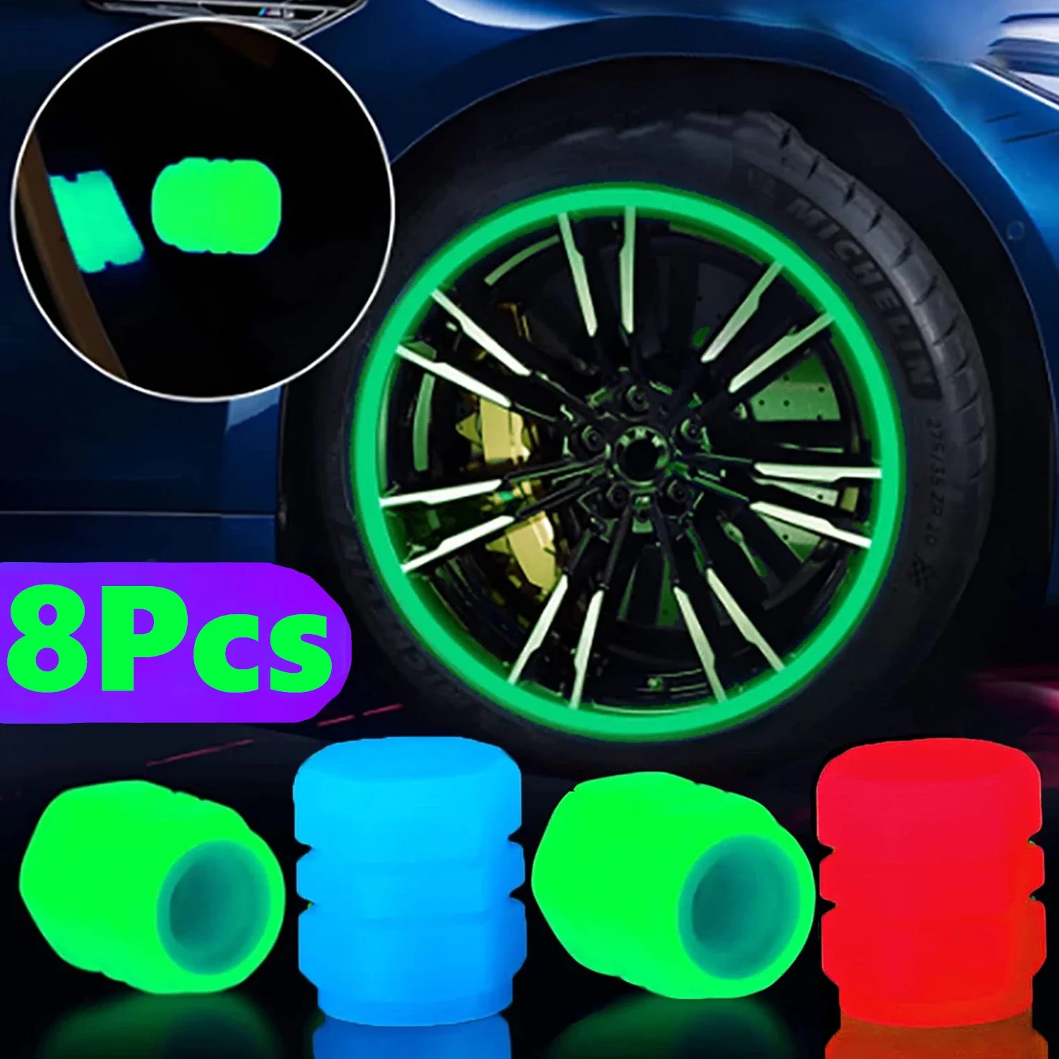 8Pcs Luminous Tire Valve Cap Car Motorcycle Bike Wheel Hub Glowing Valve Cover Tire Decoration Auto Styling Tyre Accessories