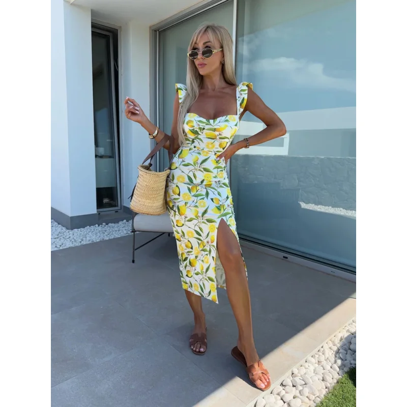 Vestido Midi Floral com Babados para Mulheres, Decote Quadrado, Fenda Lateral, Ideal para Férias de Verão, Passeios na Praia, Estilos Boêmios