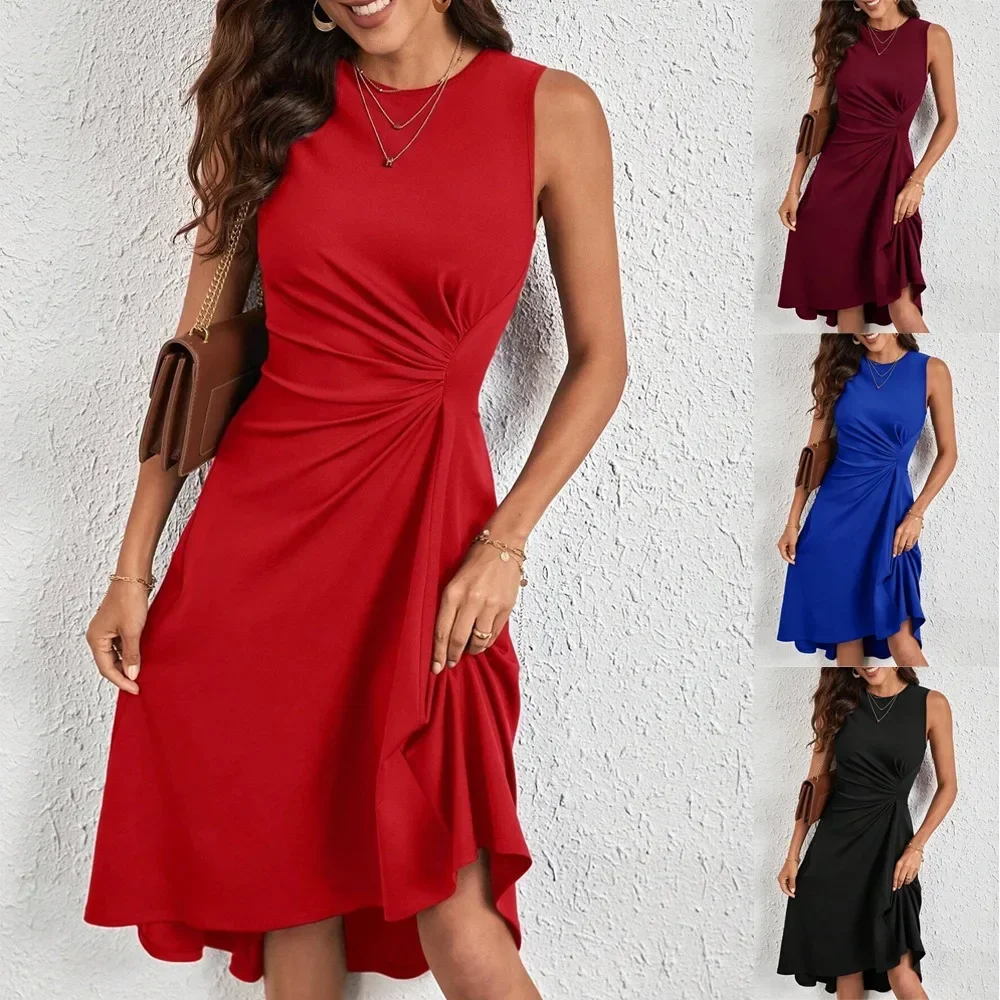 

Women's Summer Sleeveless Ruched Waist Flowy A Line High Low Midi Cocktail Party Dress