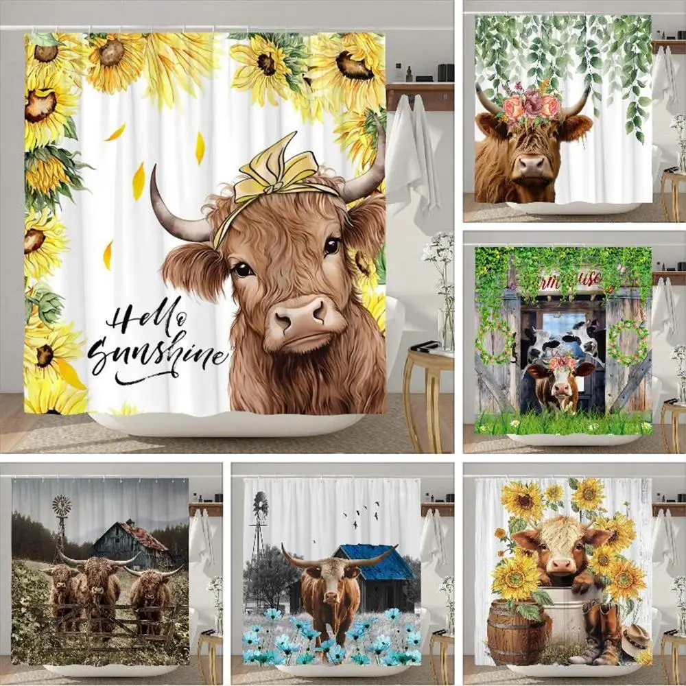 Highland Cow Shower Curtain Farmhouse Funny Bull Rustic Western Watercolor Spring Florral Cute Animal Plant Kids Bathroom Decor